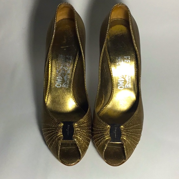 Salvator Ferragamo Gold Peep-Toe Pumps - Picture 3 of 5